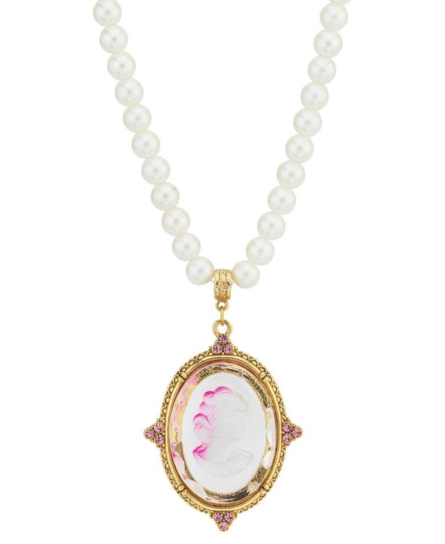 1928 Gold Tone Simulated Pearl & Blue Intaglio Cameo Pendant Necklace, Womens Product Image