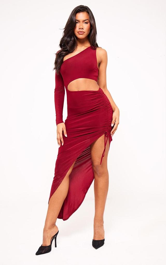 Cherry Red Slinky One Sleeve Cut Out Ruched Midi Dress Product Image