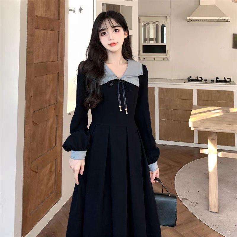 Long-Sleeve Collar Two Tone Bow Midi A-Line Dress Product Image