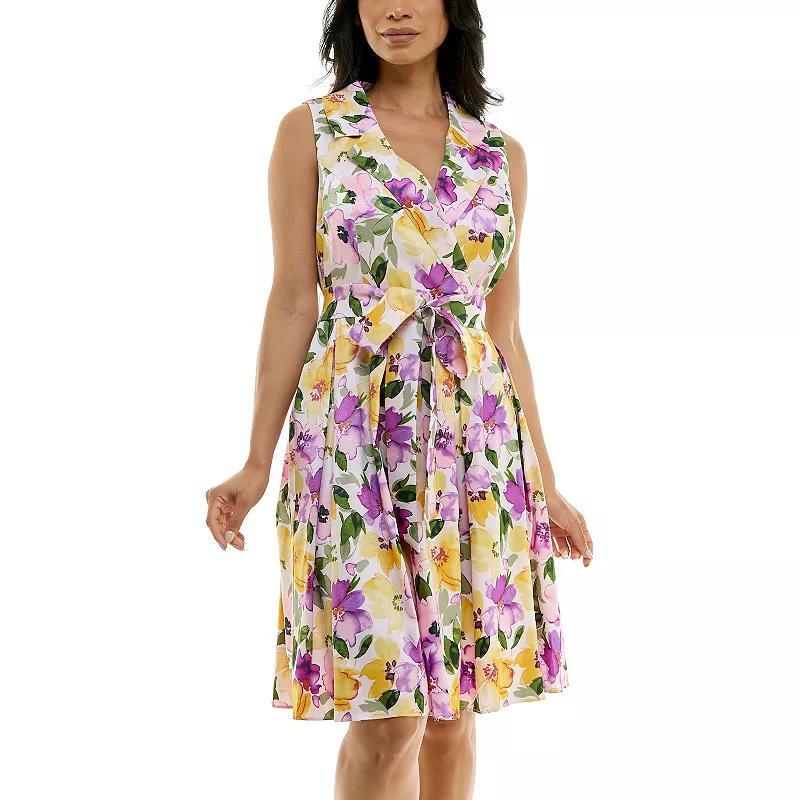 Womens Nina Leonard Floral Print Tie Waist Collared Sleeveless Fit & Flare Dress Product Image