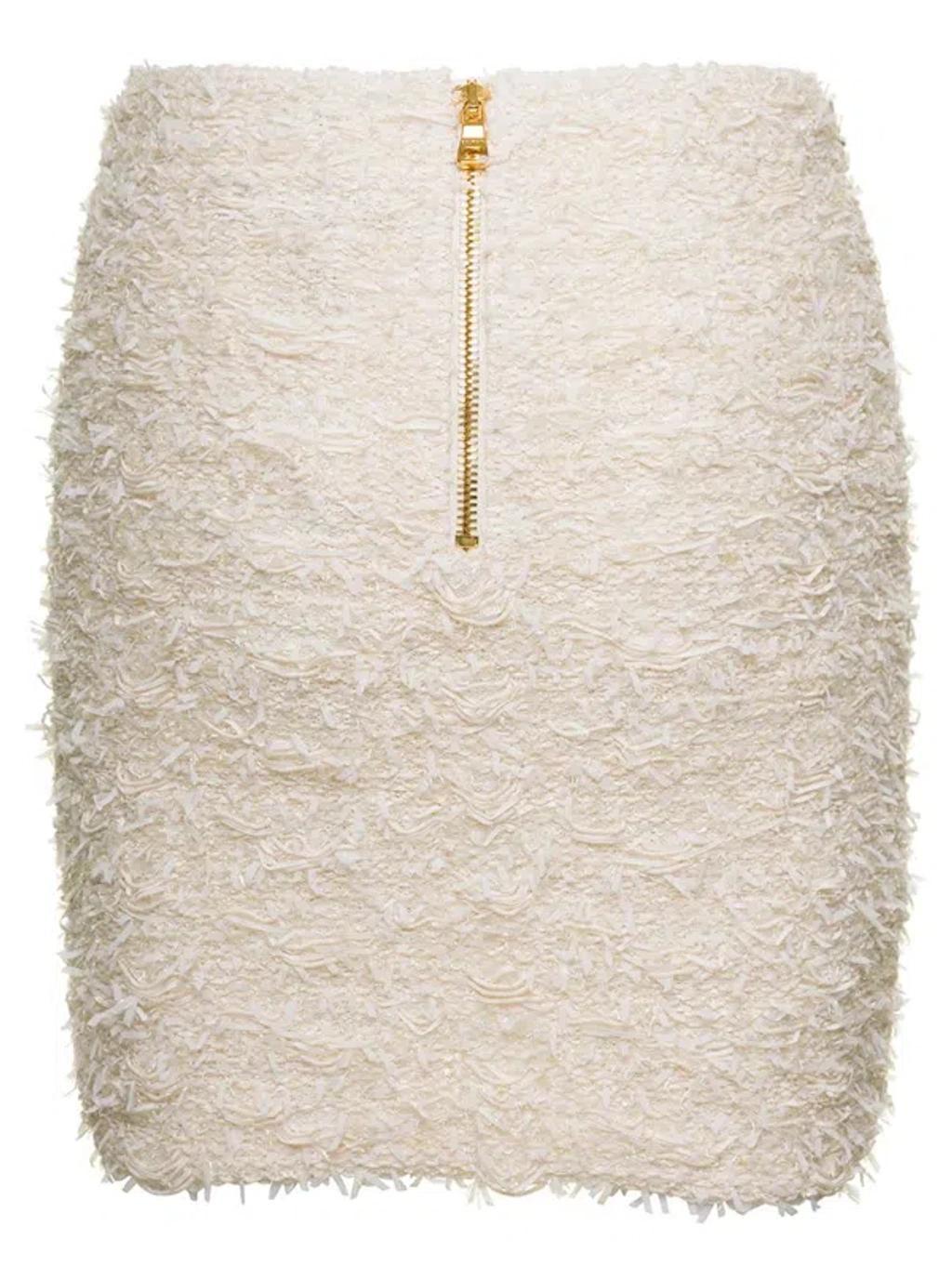 BALMAIN White Tweed High-waisted Miniskirt With Pockets In Cotton Blend Woman Product Image