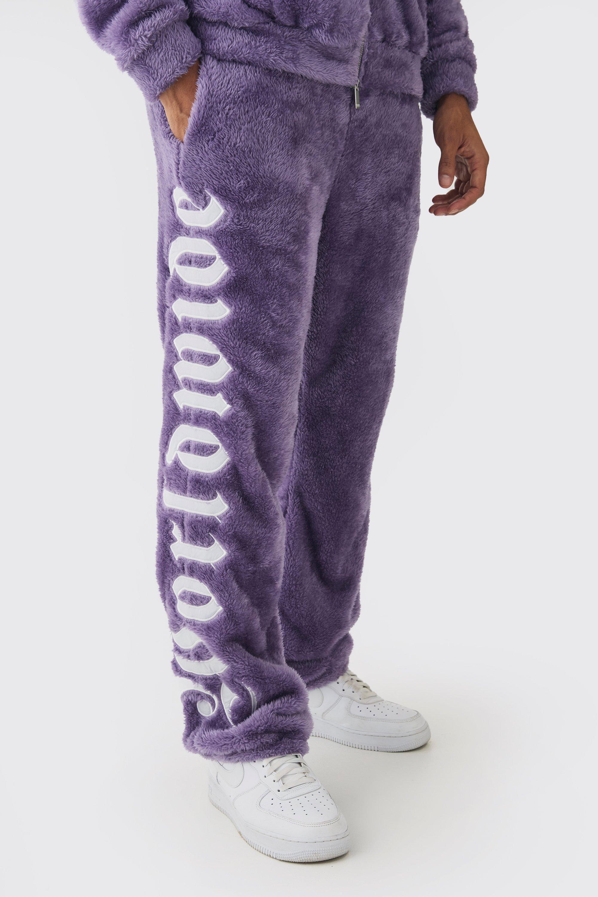 Regular Fit Worldwide Large Applique Teddy Borg Sweatpants | boohooMAN USA Product Image