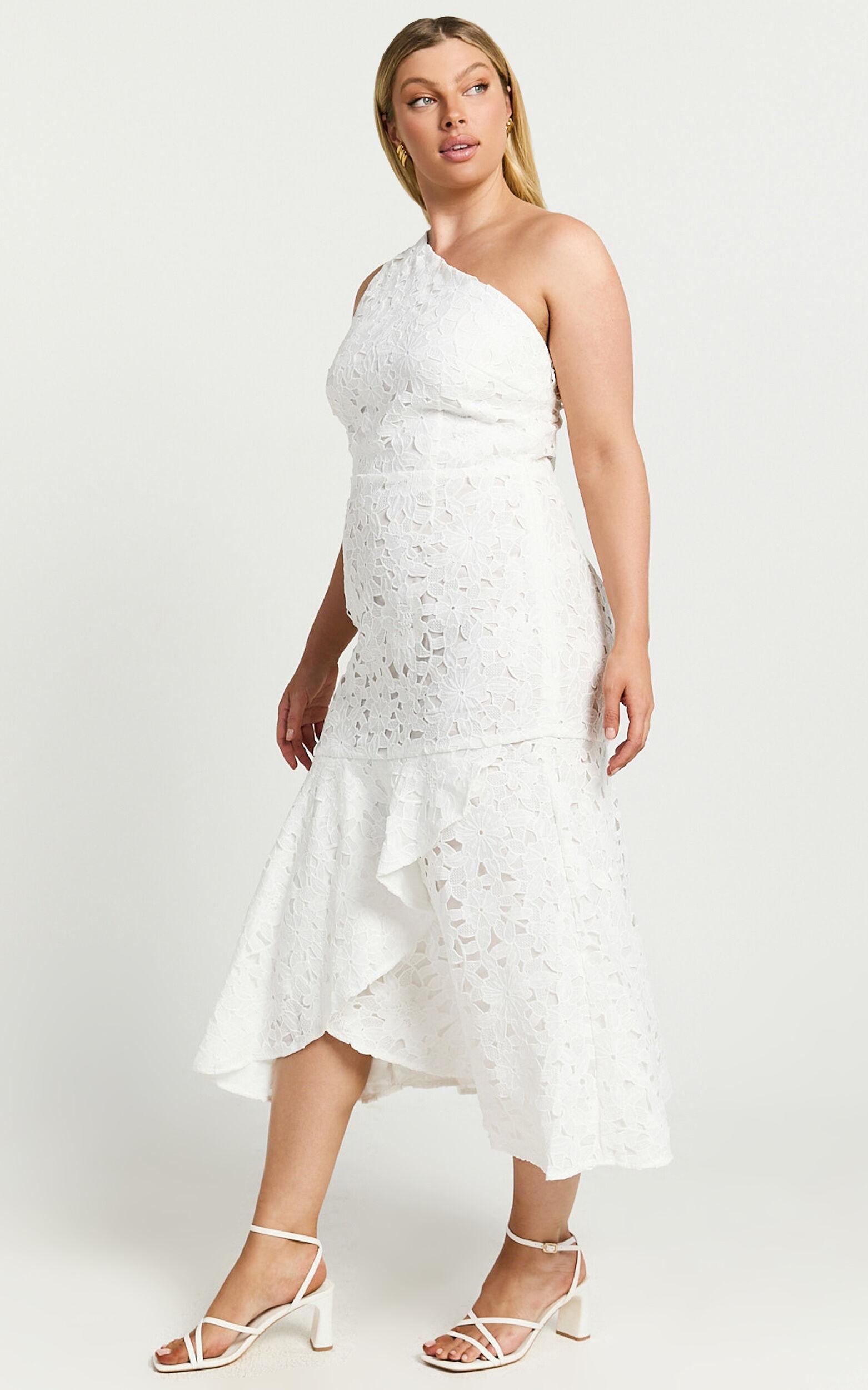 Beth Midi Dress - One Shoulder Ruffle Hem Lace Dress in White Product Image