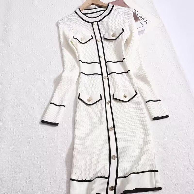 Long-Sleeve Striped Knit Midi Sheath Dress Product Image