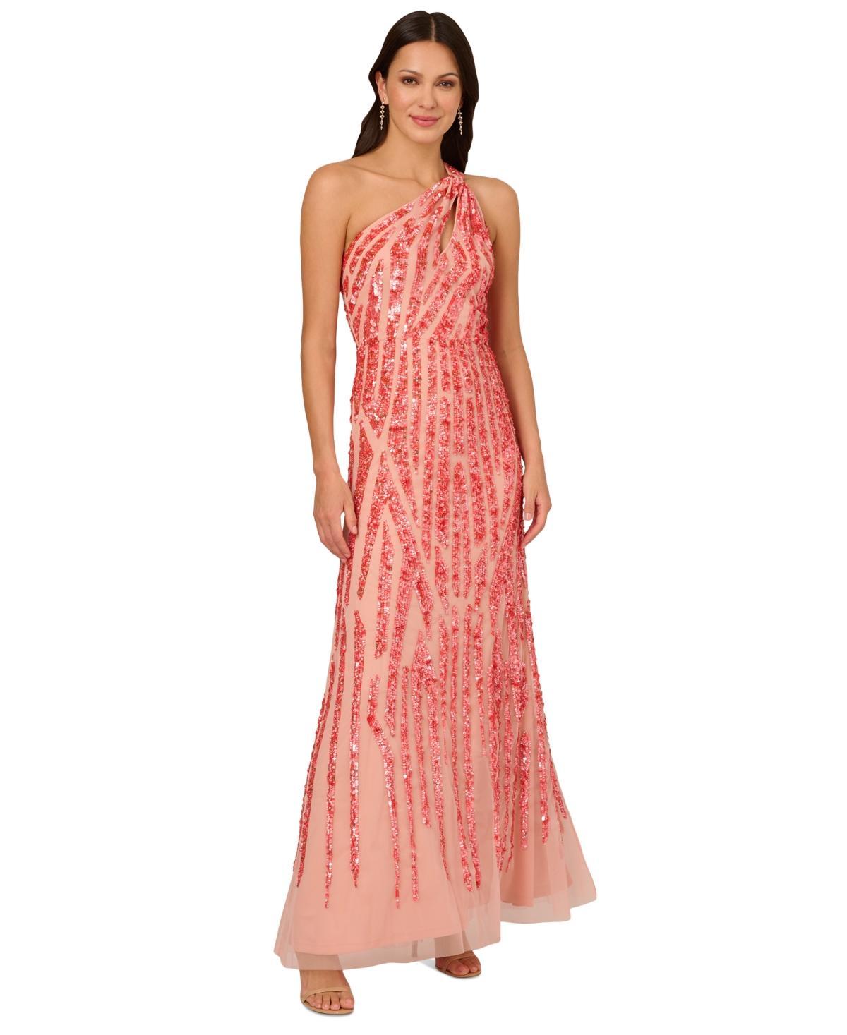 Adrianna Papell Womens Asymmetric-Neck Beaded Gown Product Image