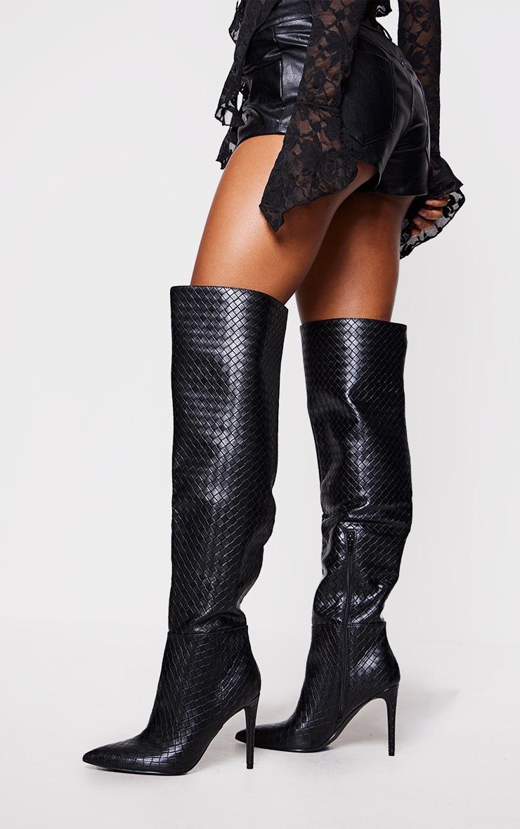 Black Wide Fit Weave Pu Point Toe Over The Knee Heeled Boots Product Image