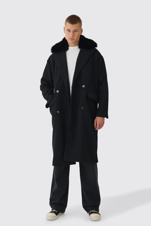 Drop Shoulder Overcoat With Removeable Faux Fur Trim In Black | boohooMAN USA Product Image