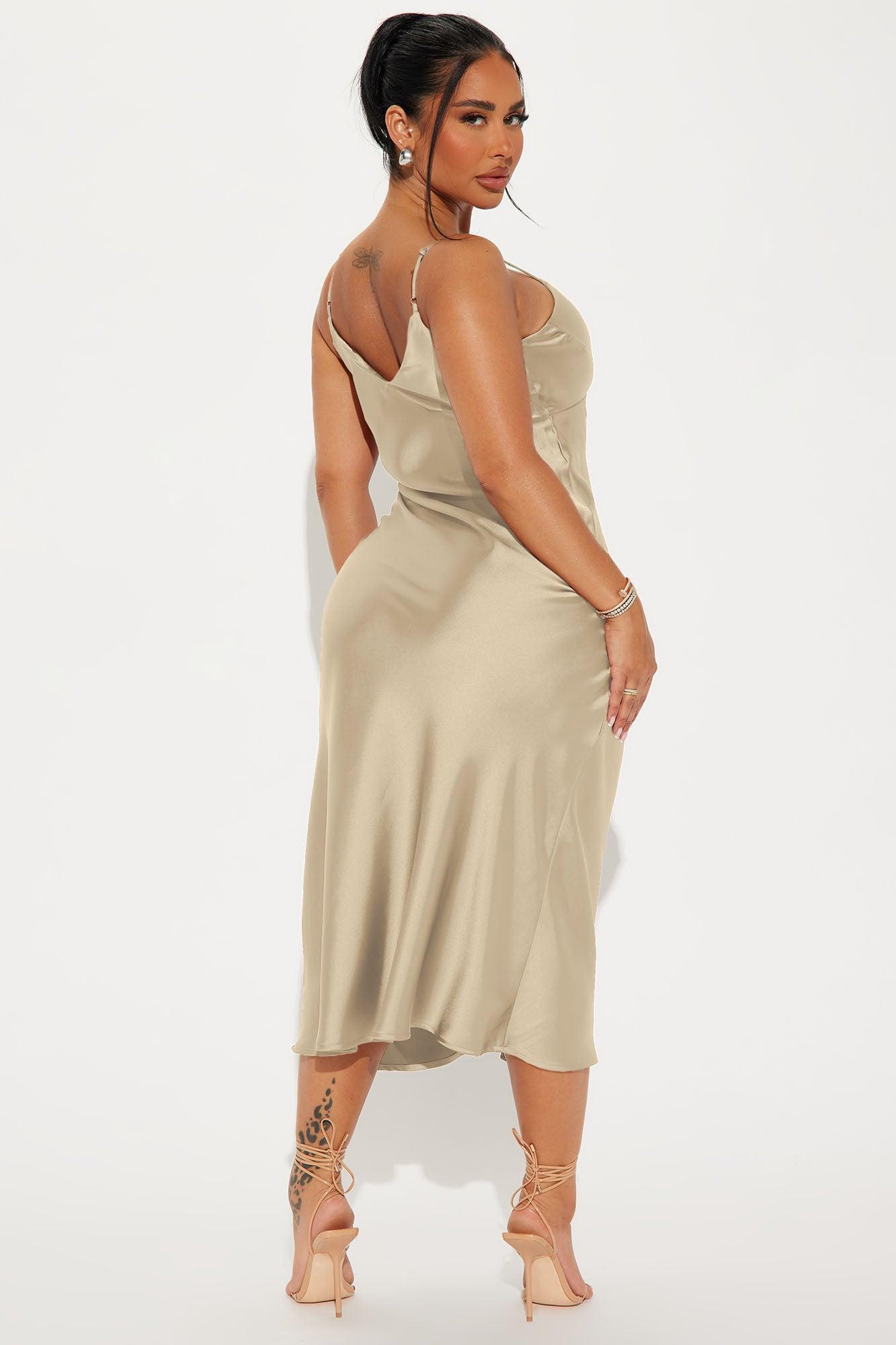 Draped in Satin Midi Dress - Taupe Product Image