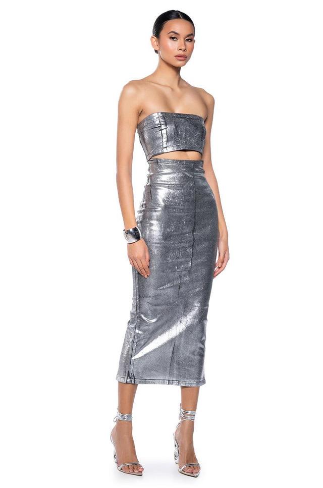 SHINE BRIGHT DENIM COATED MIDI DRESS Product Image