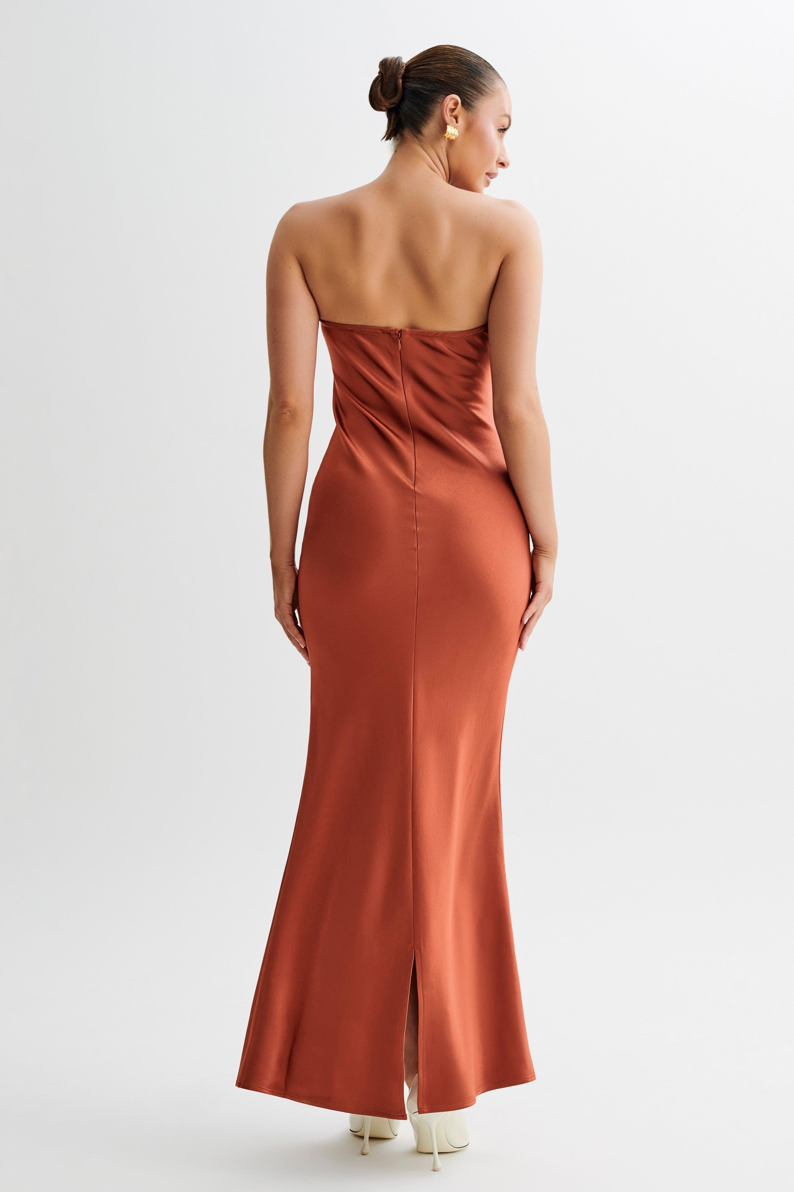 Claudette Strapless Satin Maxi Dress - Burnt Orange Product Image