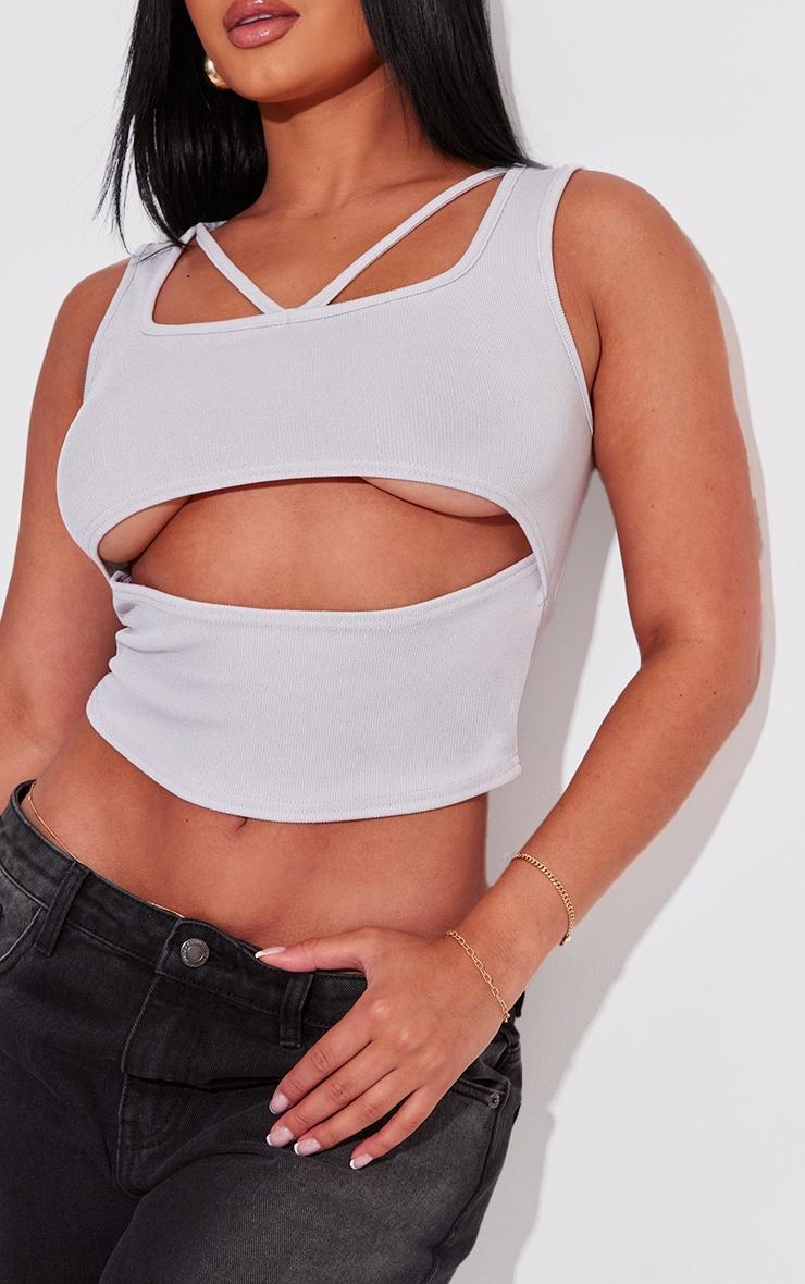 Shape Light Grey Ribbed Strap Detail Cut Out Crop Top Product Image