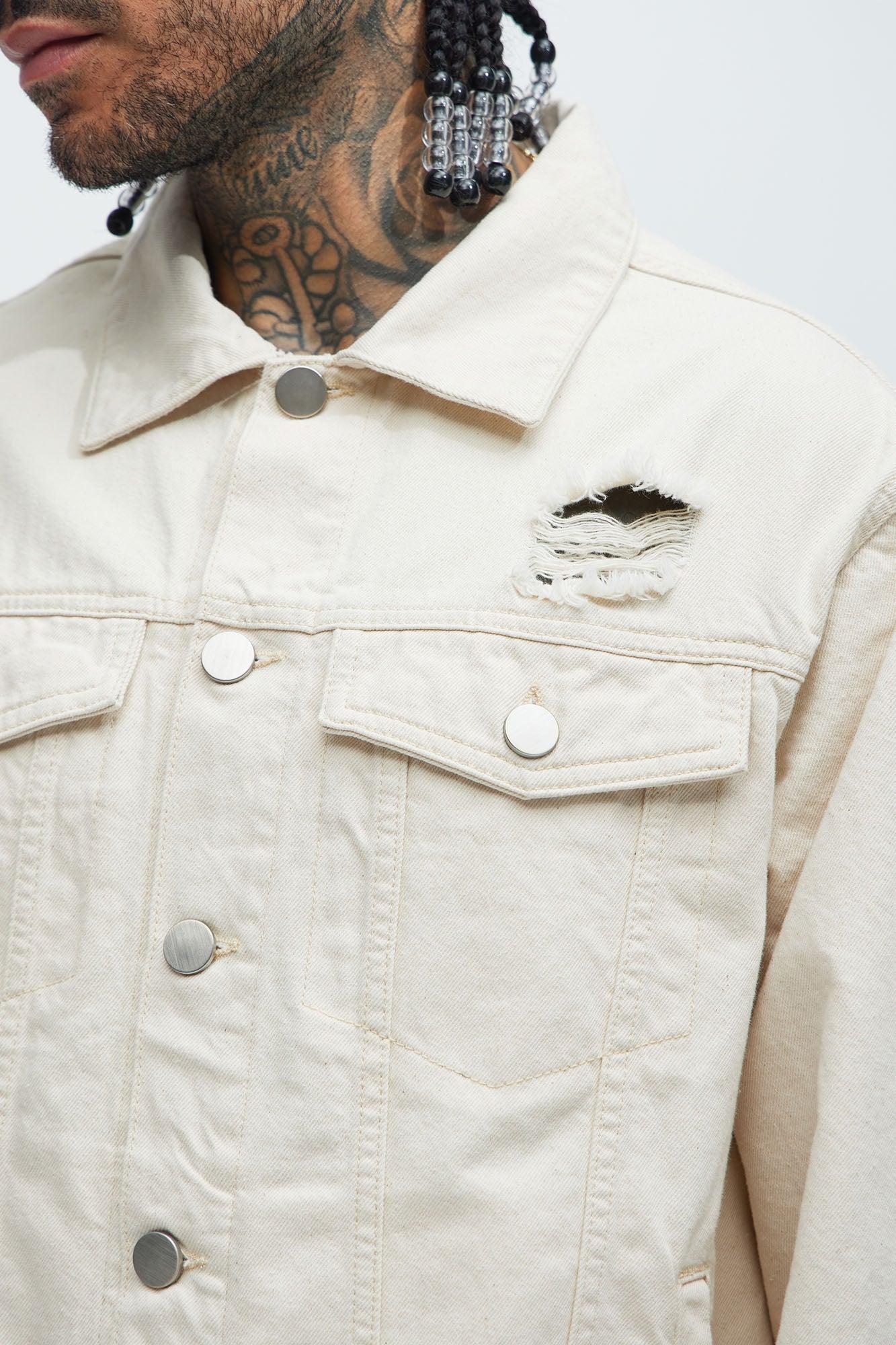 Benson Distressed Trucker Jacket - Cream Product Image