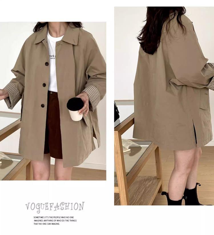 Collared Plain Button-Up Trench Coat Product Image