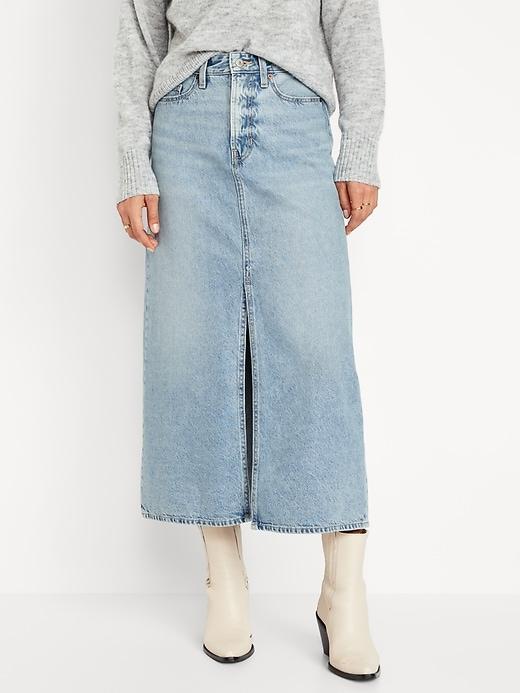 High-Waisted Jean Midi Skirt Product Image