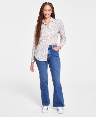 Calvin Klein Jeans Womens Covert Long Sleeve Button Front Shirt High Rise Flare Jeans Product Image