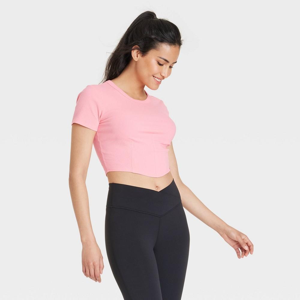 Womens Corset Detail Crop Short Sleeve Top - JoyLab Pink L Product Image