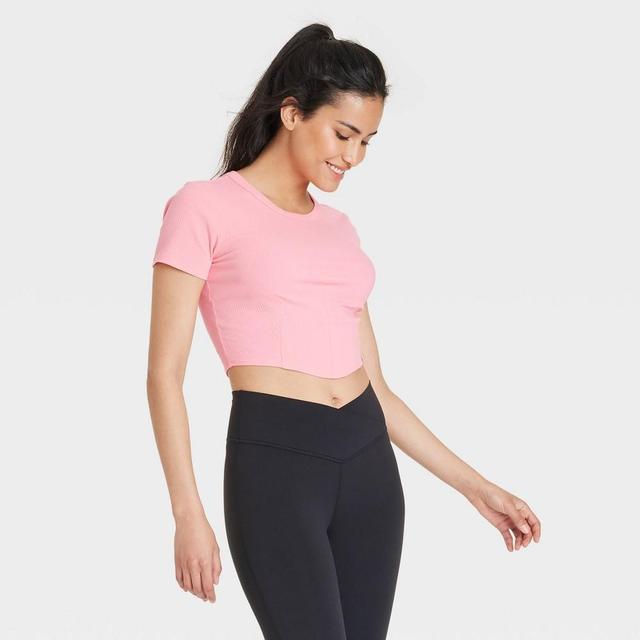 Womens Corset Detail Crop Short Sleeve Top - JoyLab Pink L Product Image