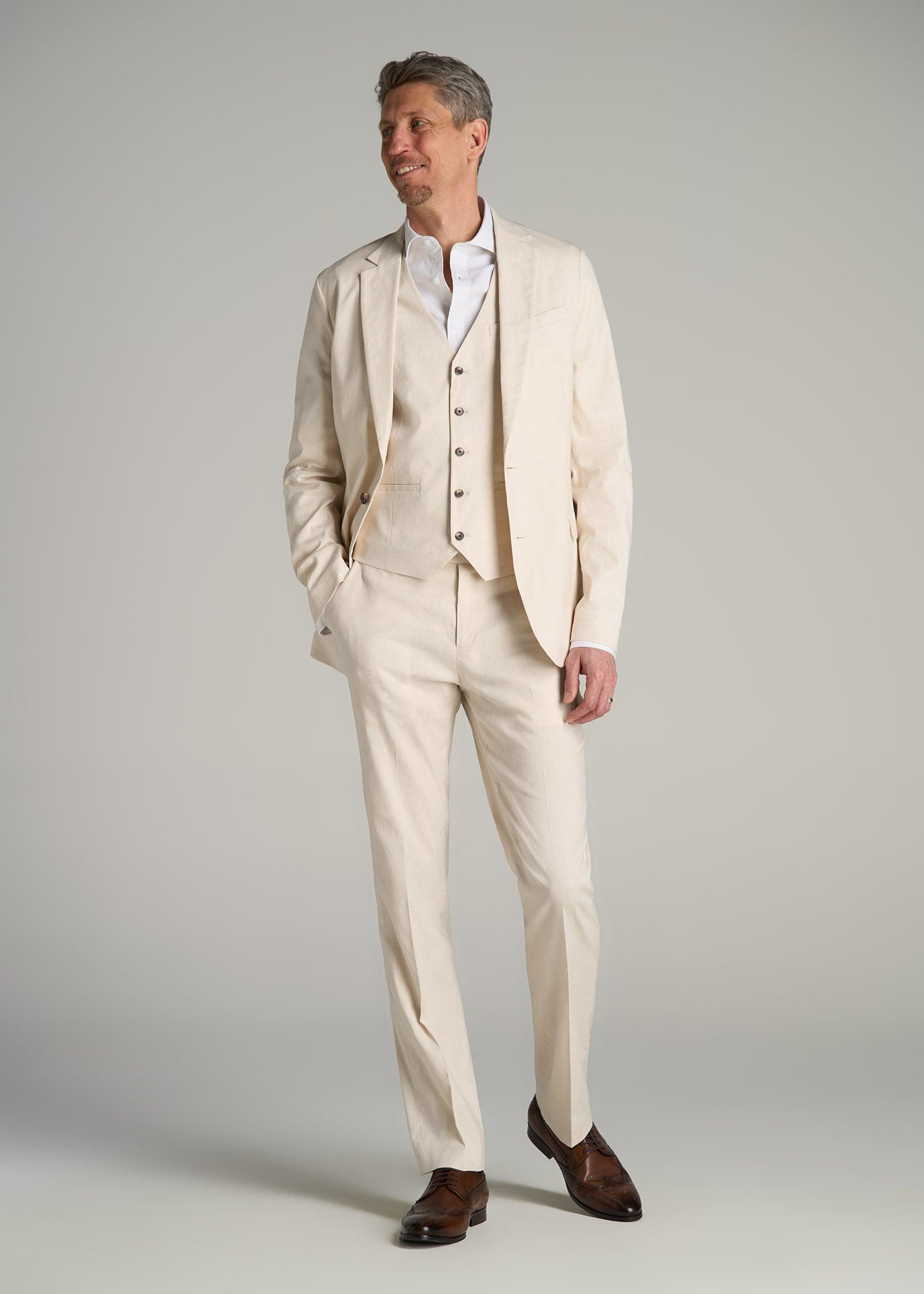 Stretch Linen Suit Vest for Tall Men in Light Beige Linen Male Product Image