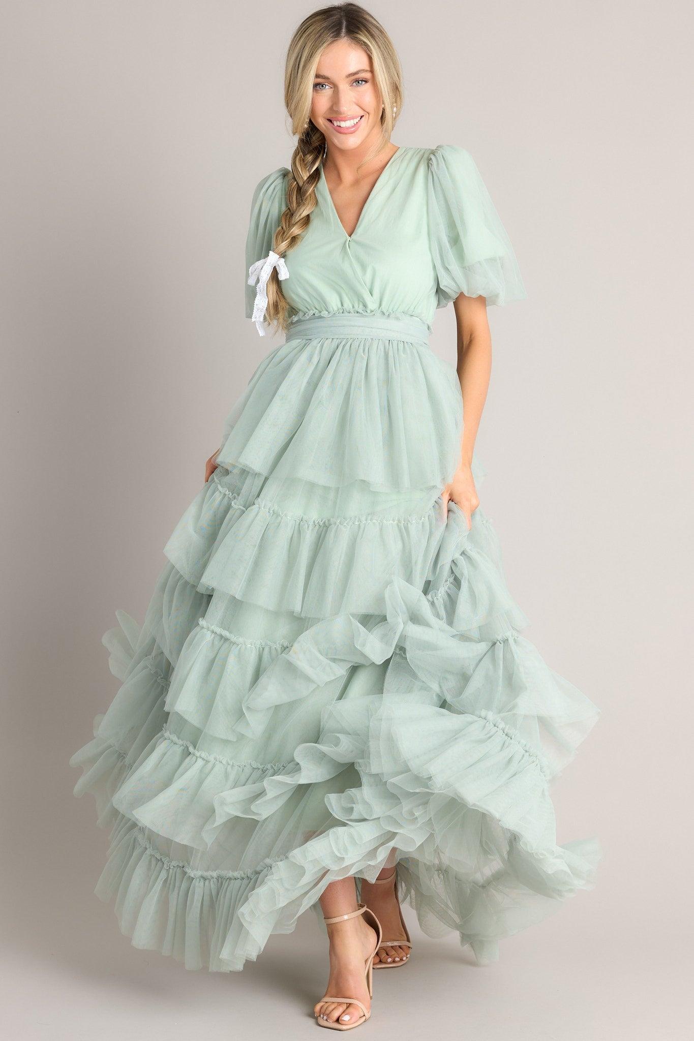 A Beautiful Feeling Seafoam Tiered Tulle Maxi Dress Product Image