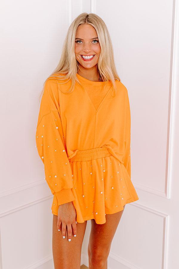 Sideline Chic Pearl Embellished Crop Sweatshirt in Orange Product Image