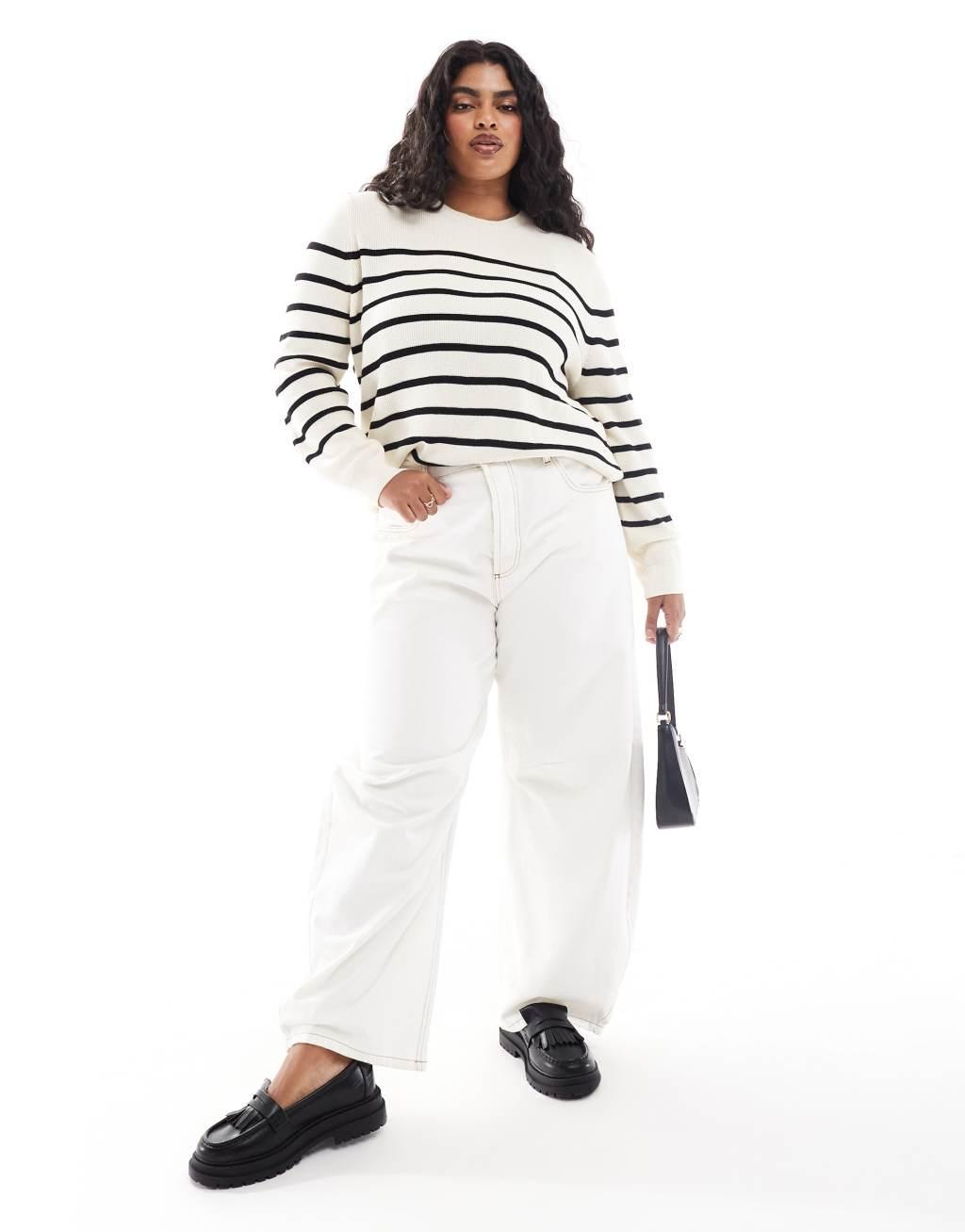 Mango curve striped lightweight sweater in white Product Image