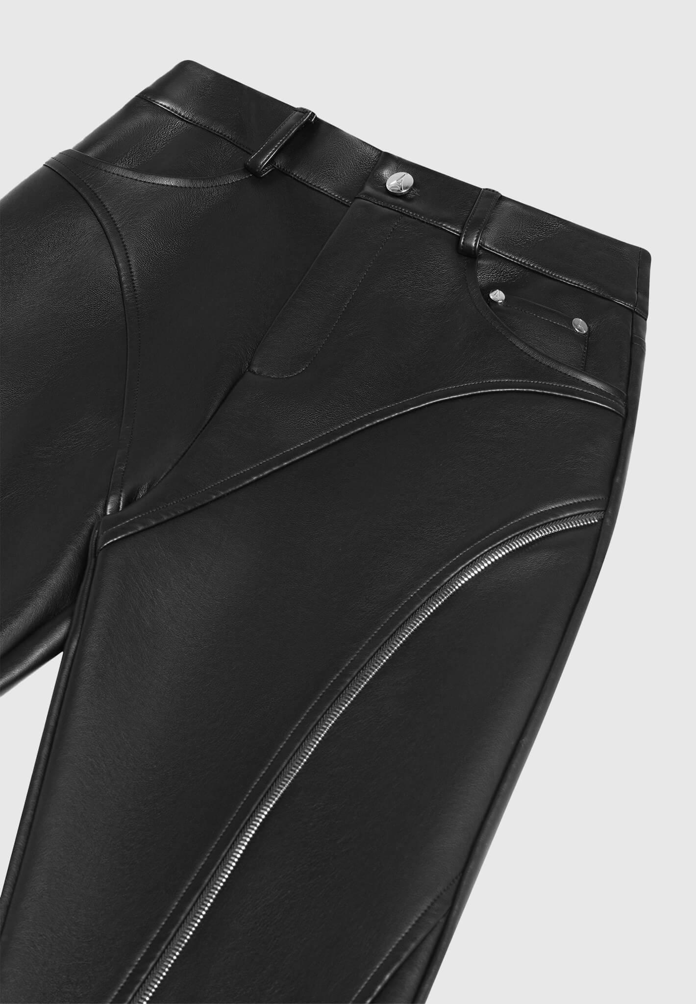 Vegan Leather Biker Trousers with Zip - Black Female Product Image