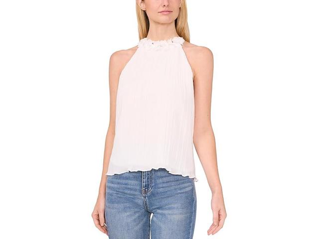 CeCe Pleated 3D Floral Halter Neck Top (New Ivory) Women's Clothing Product Image