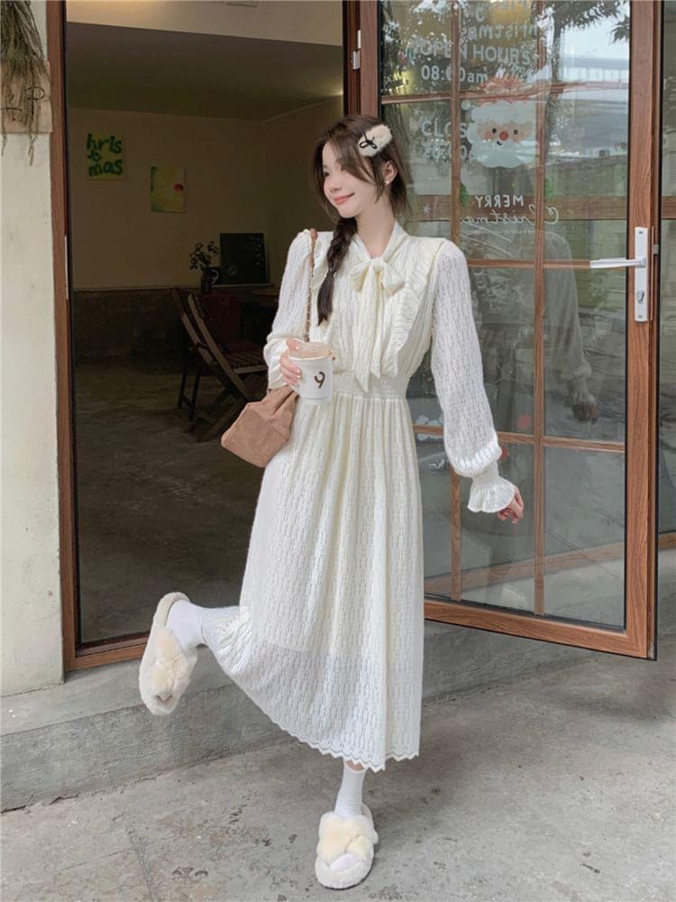 Long-Sleeve Tie-Neck Plain Lace Midi A-Line Dress Product Image