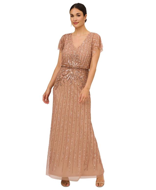 Adrianna Papell Womens Beaded Flutter-Sleeve Gown Product Image