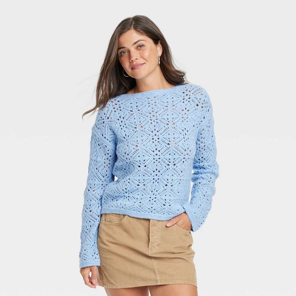 Womens Boat Neck Openwork Pullover Sweater - Universal Thread Blue XL Product Image