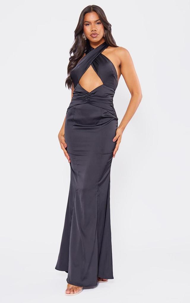 Black Satin Cross Front Ruched Maxi Dress Product Image