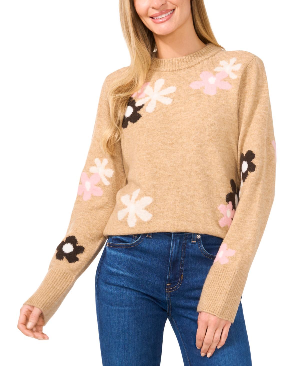 CeCe Womens Flower Patterned Knit Crewneck Sweater Product Image