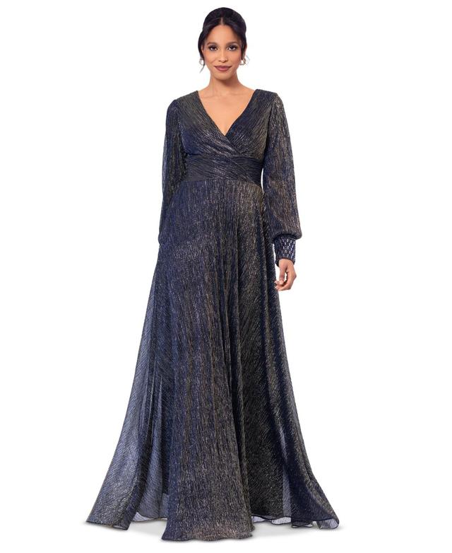 Betsy & Adam Womens Galaxy Metallic V-Neck Gown - Navy Product Image