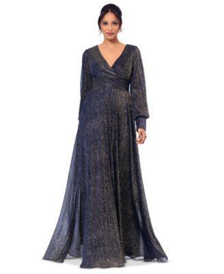 Betsy & Adam Womens Galaxy Metallic V-Neck Gown - Navy Product Image