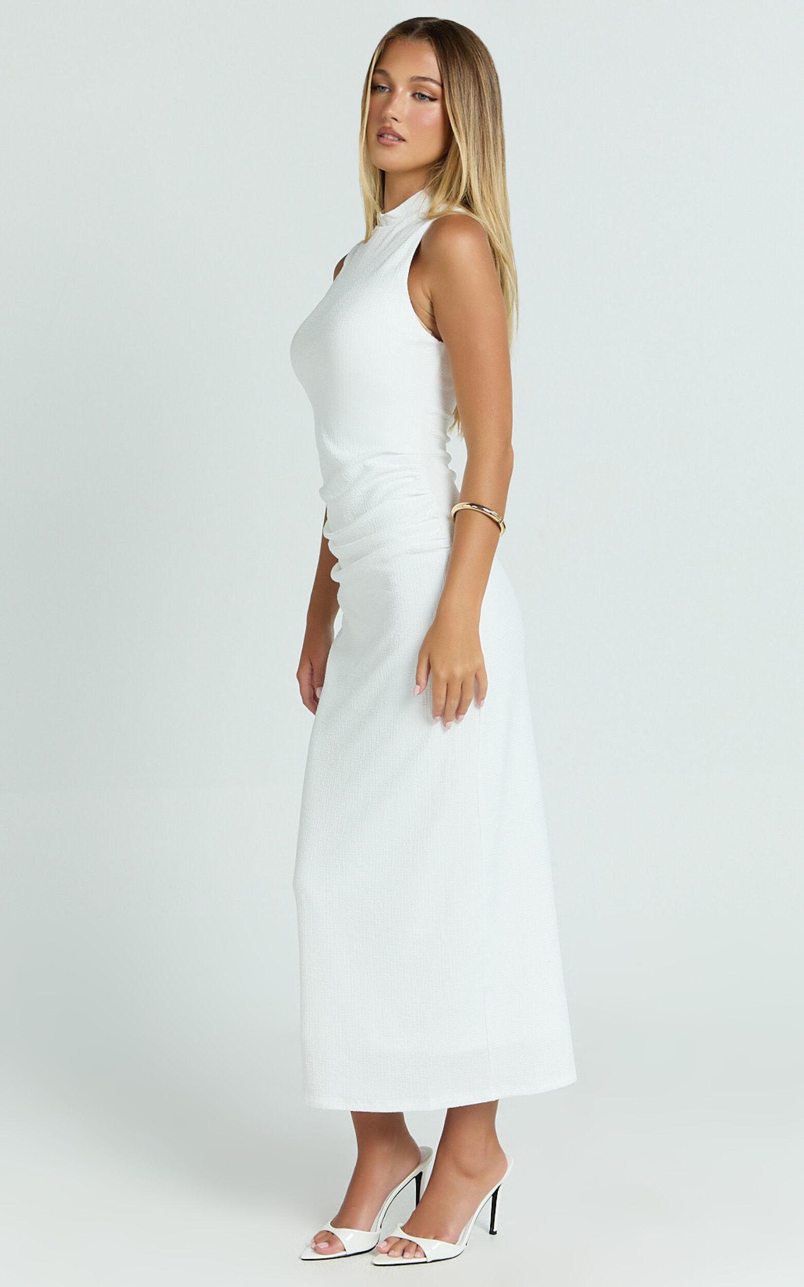 Pamela Midi Dress - High Neck Leg Split Dress in White Product Image