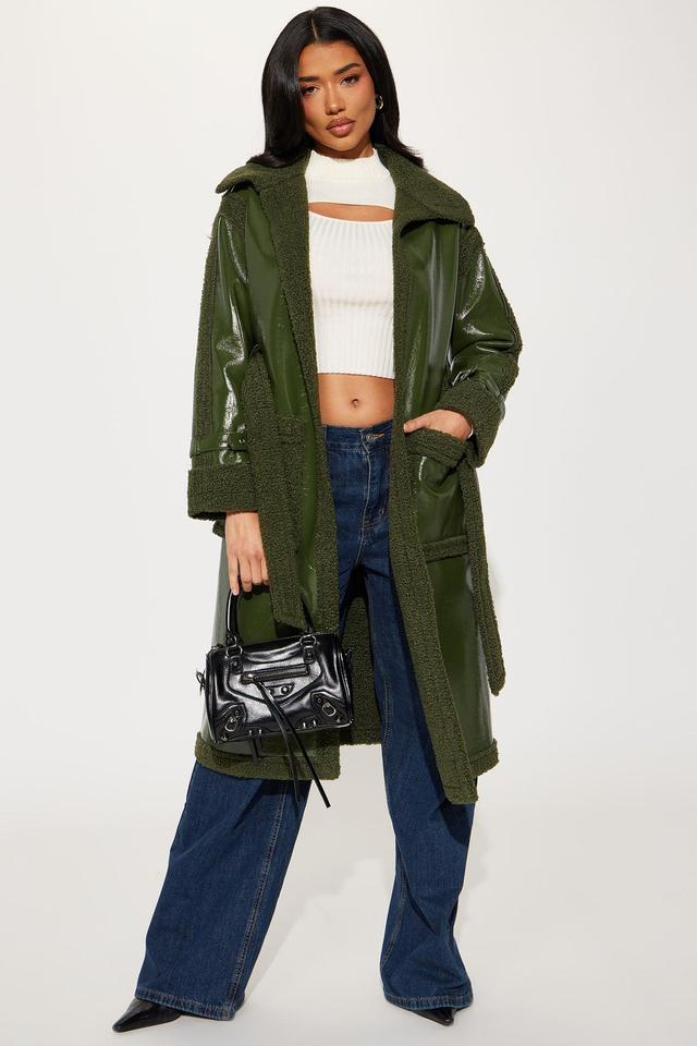 Bad Ideas Shearling Trench Coat - Olive Product Image