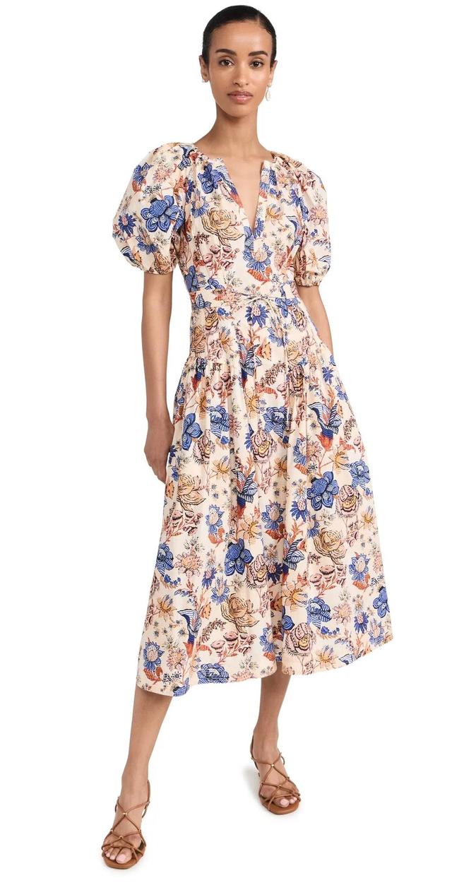 Carina Floral Cotton Poplin Puff-sleeve Midi Dress In Magnolia Product Image