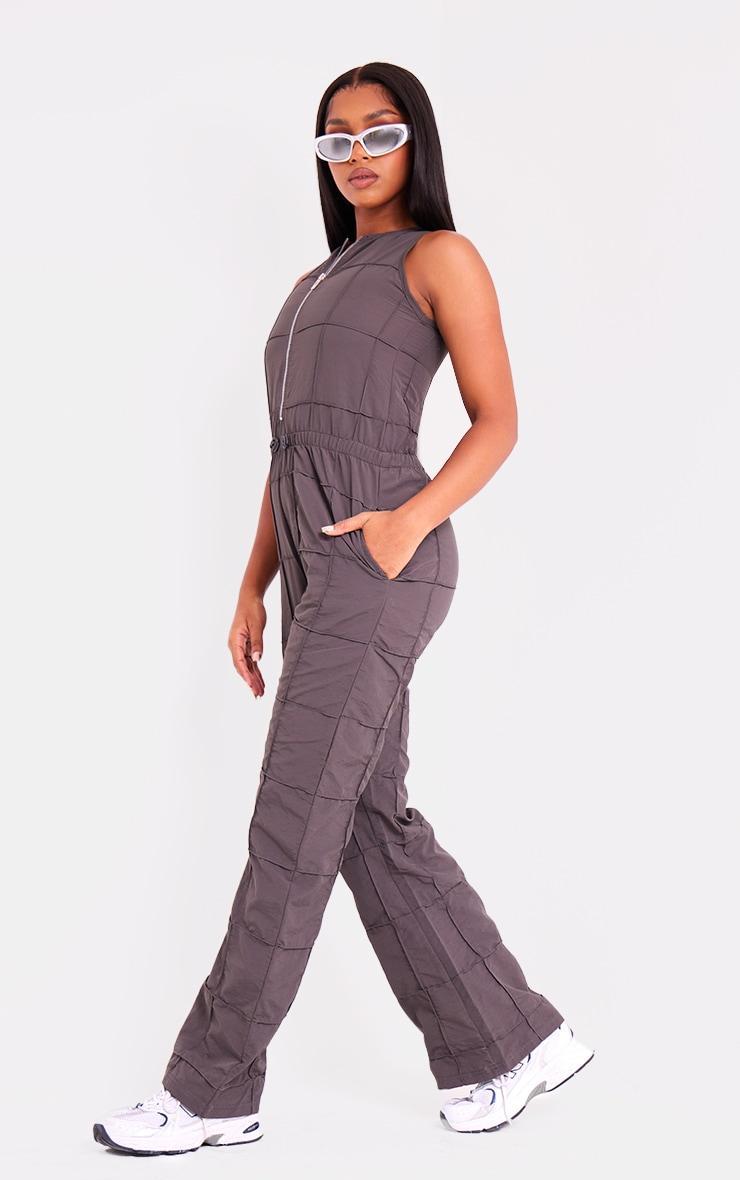 Taupe Textured Zip Up Toggle Jumpsuit Product Image