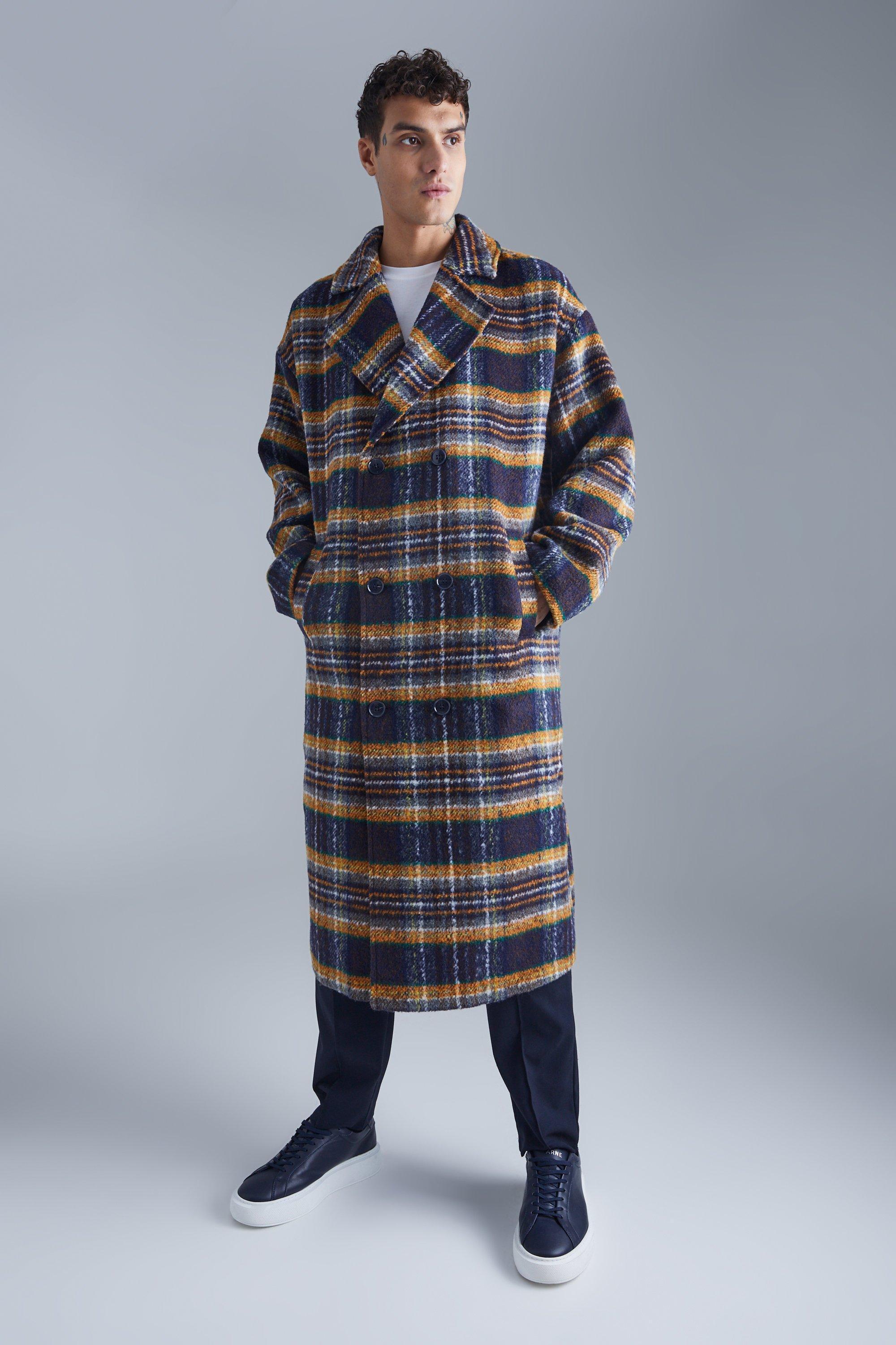 Double Breasted Longline Brushed Plaid Overcoat | boohooMAN USA Product Image