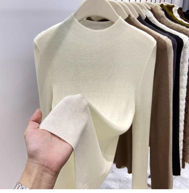 Long-Sleeve Mock Neck Plain Knit Top Product Image