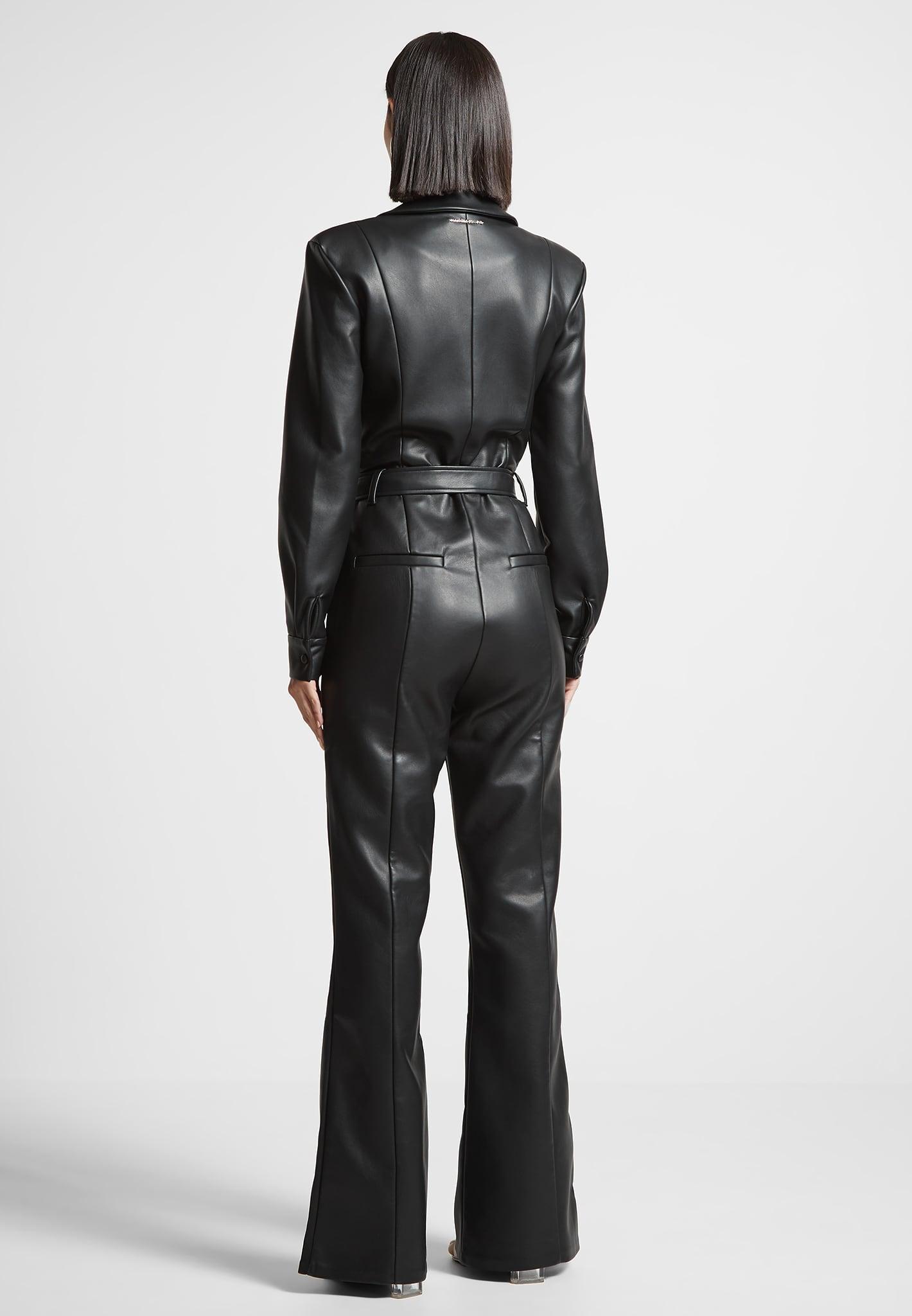 Leather Fit and Flare Belted Jumpsuit - Black Female Product Image