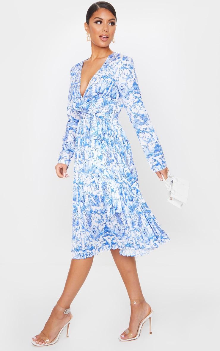 Blue Porcelain Print Long Sleeve Pleated Midi Dress Product Image