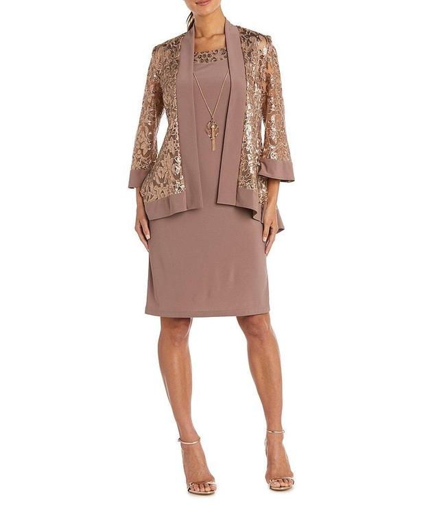 R & M Richards Long Sleeve Crew Neck Sequin Mesh 2-Piece Jacket Dress Product Image