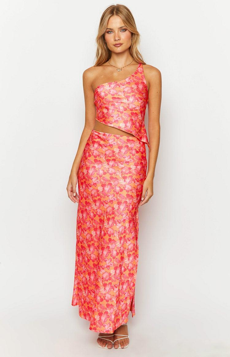 Claudi Orange And Pink Satin Maxi Skirt Product Image