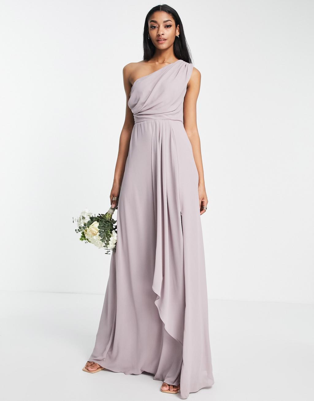 TFNC Tall Bridesmaid chiffon one shoulder drape maxi dress in lavender gray Product Image