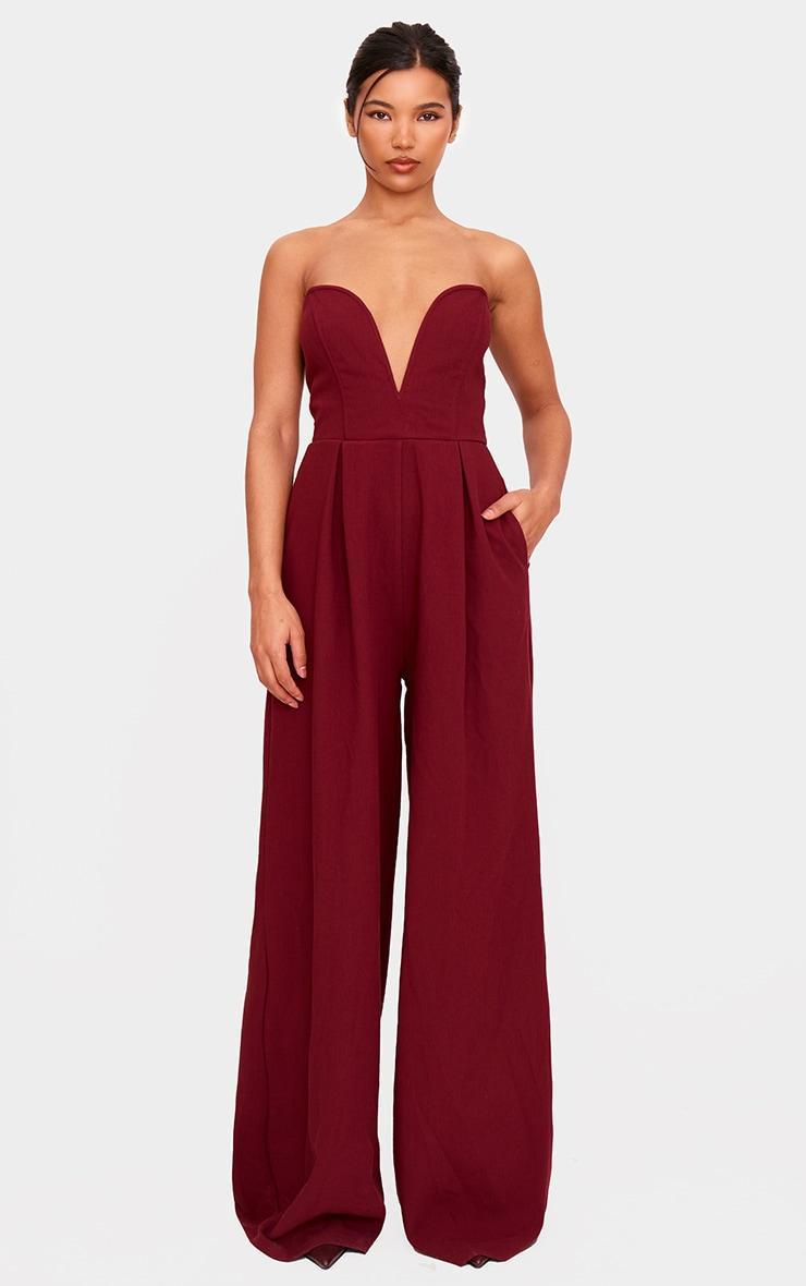 PLT Label Burgundy Plunge Wide Leg Jumpsuit Product Image