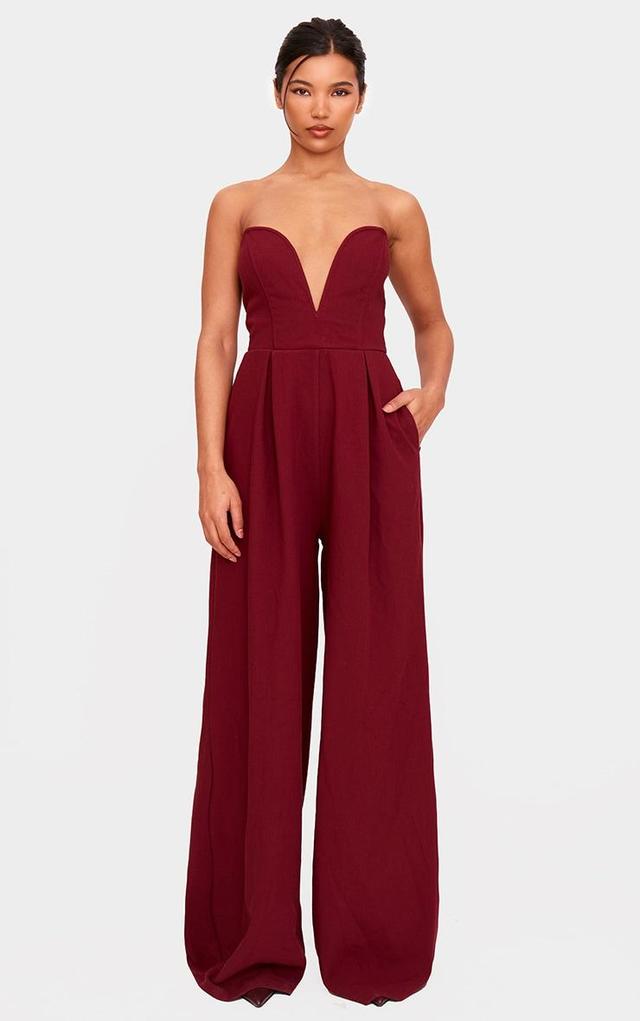 PLT Label Burgundy Plunge Wide Leg Jumpsuit Product Image