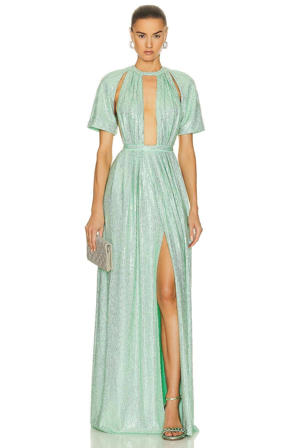 AREA Crystal Embellished Flutter Sleeve Gown Mint. (also in M). Product Image