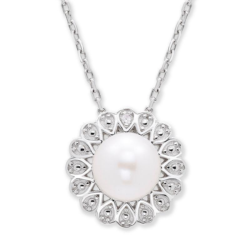 Sterling Silver Cultured Freshwater Pearl & Diamond Accent Flower Pendant Necklace, Womens White Product Image