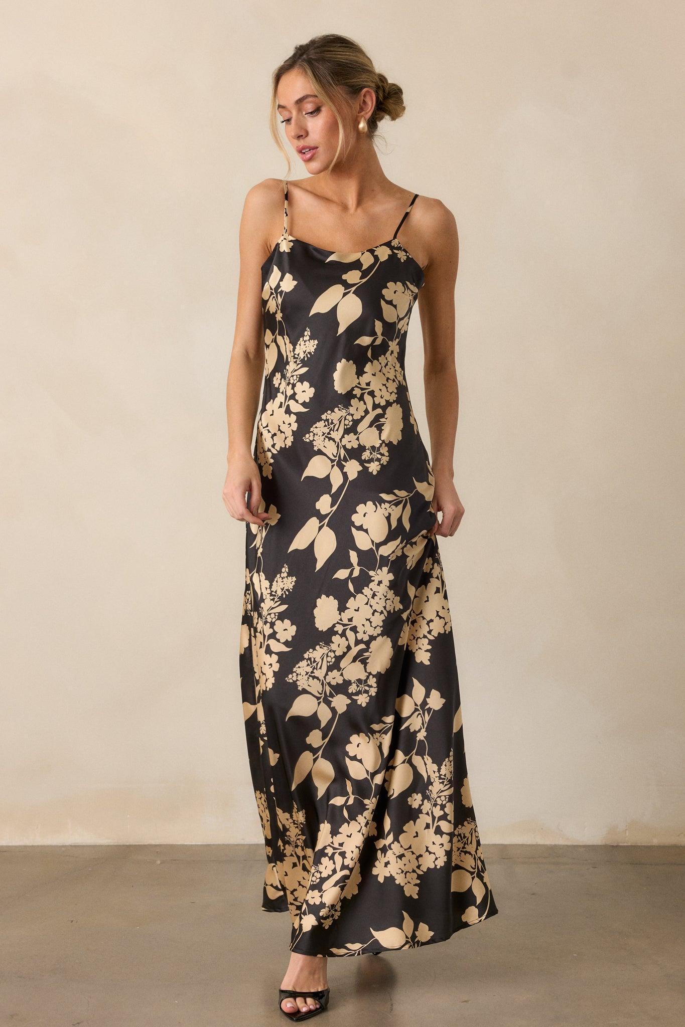 Crescent Glow Black Floral Satin Maxi Dress Product Image